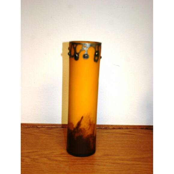 Signed Hand Made Blown glass Vase Coated With Silver & glass Stone Yellow - Picture 3 of 7